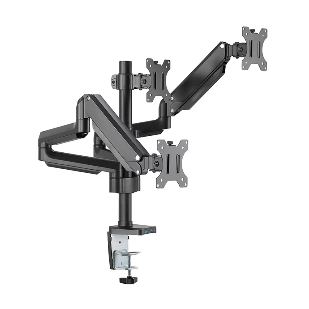 Triple Monitor Pole-Mounted Thin Gas Spring Monitor Arm With USB Ports